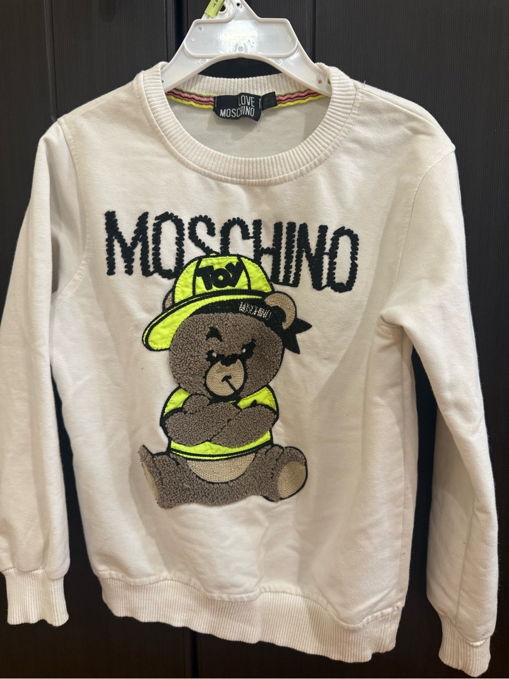 Love Moschino White Sweatshirt with Neon Yellow & Coral Trim
